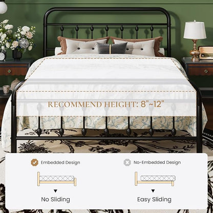SHA CERLIN Queen Size Metal Platform Bed Frame with Victorian Style Iron-Art Headboard and Footboard, Easy Assembly, Under Bed Storage, No Box Spring Required, Black