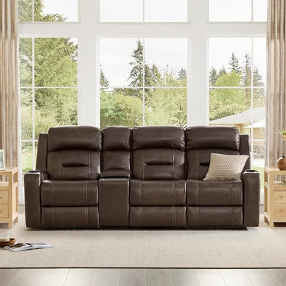 Watson & Whitely Genuine Leather Power Recliner Sofa, Lay Flat Reclining Sofa with Storage Console, Power Headrest & Cup Holders, 3 Seater Electric Reclining Couch for Living Room, Dark Brown