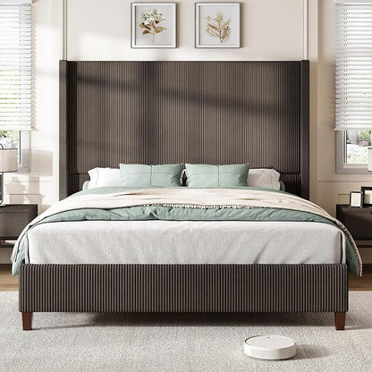 AMERLIFE Queen Size 62" Corduroy Upholstered Bed Frame, Luxurious Platform Bed with Extra Tall Wingback Headboard and Vertical Stripe, No Box Spring Needed/Solid Wood Slats & Legs/Chestnut