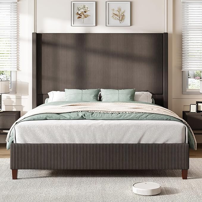 AMERLIFE King Size 62" Corduroy Upholstered Bed Frame, Luxurious Platform Bed with Extra Tall Wingback Headboard and Vertical Stripe, No Box Spring Needed/Solid Wood Slats & Legs/Chestnut