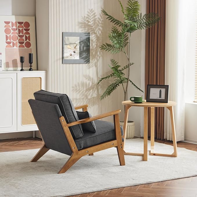Karl home Mid-Century Lounge Accent Chair, Gray | Wide Curved Armrest, Linen Fabric, Lumbar Pillow Included, Solid Wood Frame, For Living Room, Bedroom, Balcony, Apartment