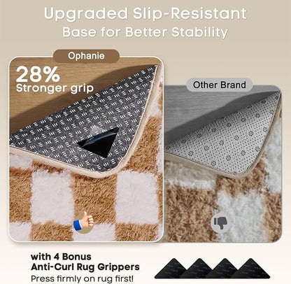 Ophanie Checkered Beige & White Rug for Living Room Bedroom,Fluffy Soft Cute Fuzzy Area Rugs,Shag Plush Shaggy Bedside Floor 4x6 Furry Carpet Kids Baby Teen Dorm Decor with Over 99 pcs Pile fibers