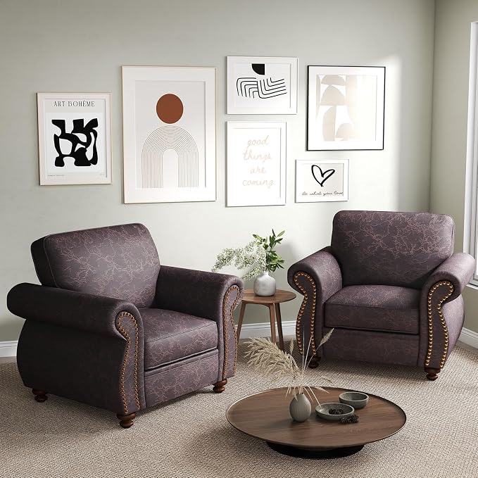Couchus Vintage Accent Chair with Rivet Decoration, Traditional Upholstered Armchair, Living Room Chair, Rustic Single Sofa Chair for Bedroom, Reading Room & Office (Brown, Single)