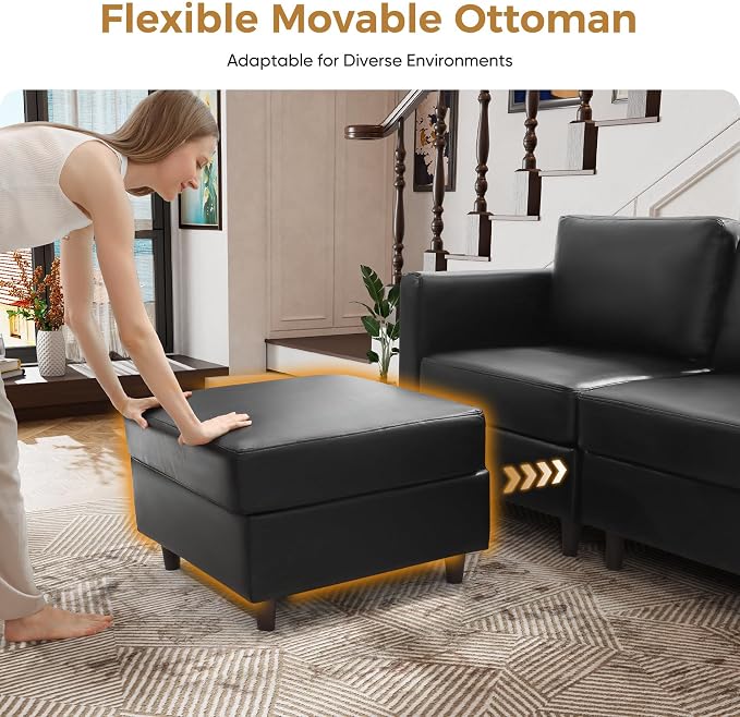 ABCASA Faux Leather Modular Sectional Sofa 118.5", L Shaped Couch Set for Living Room, 5-Seater Comfy Cloud Couches with Movable Storage Ottoman,DIY Combination - Black