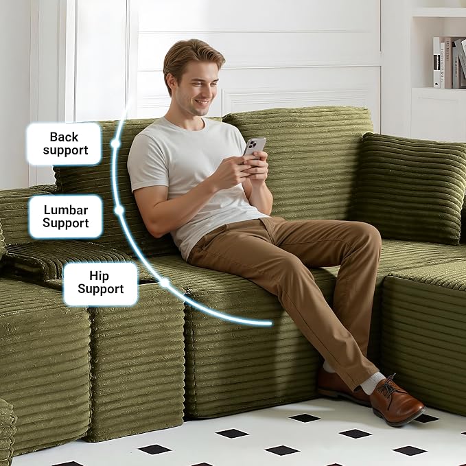 ivoros 111 Inch Modular Sectional Sofa Couch, Oversized Modern Cloud Couch for Living Room, L Shape Couches with Ottomans, USB Ports and Cup Holders, Green Corduroy Boneless Sofas, Sofa in a Box