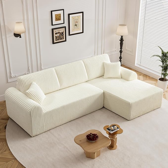 110" L Shaped Boneless Sectional Couches for Living Room, Comfy Corduroy Floor Cloud Sofa with Chaise, Wide Armrest, Deep Seat, Memory Foam, Assembly Free, Ideal for Small Spaces, Beige