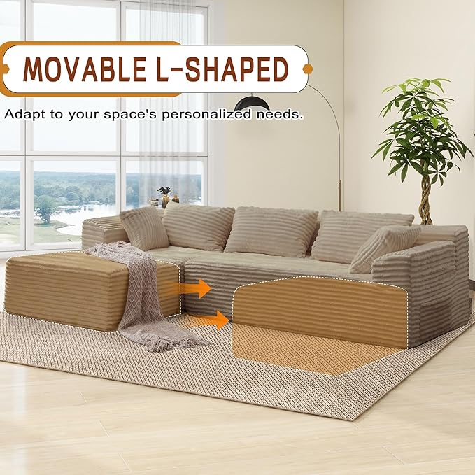 Korser 108" L-Shaped Modular Sectional Sofa with Chaise, Boneless Comfy Corduroy Fluffy Couch with Deep Seat and Side Pockets, Flexible Module Combination for Living Room, No Assembly, Side Pockets