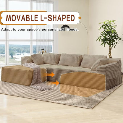 Korser 108" L-Shaped Modular Sectional Sofa with Chaise, Boneless Comfy Corduroy Fluffy Couch with Deep Seat and Side Pockets, Flexible Module Combination for Living Room, No Assembly, Side Pockets