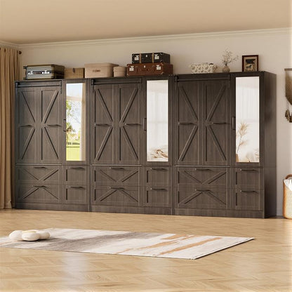 PAKASEPT Armoire Wardrobe Closet with w/Folding Sliding Barn Door | Bedroom Armoires with Mirror and LED Lights, Hanging Rod, 9 Door Armoire for Bedroom