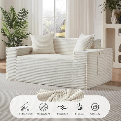 Boneless Sectional Sofa Couch with Cup Holders & Side Pockets, Modern Corduroy Fabric Deep Seat Loveseat Cloud Couch for Living Room Office, No Assembly (White)