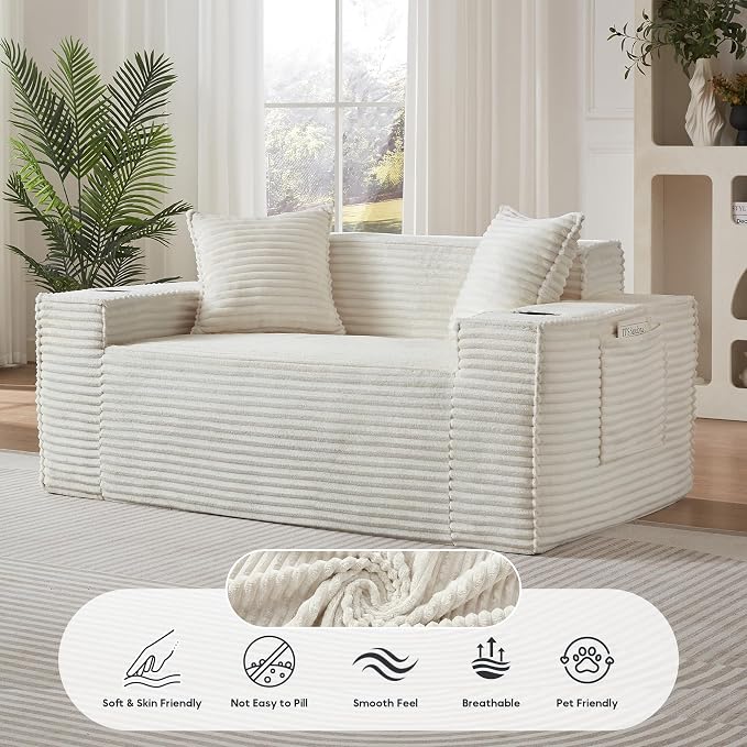Boneless Sectional Sofa Couch with Cup Holders & Side Pockets, Modern Corduroy Fabric Deep Seat 3-seat Cloud Couch for Living Room Office, No Assembly (White)