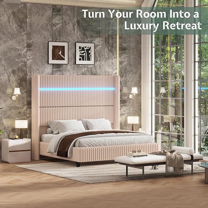 Jocisland Cal King Bed Frame Faux-Fur Upholstered 60" Tall Headboard, Beige | Wingback Headboard, LED lights, USB Charging, Noise-free, No box spring needed, easy assembly, for Tall People