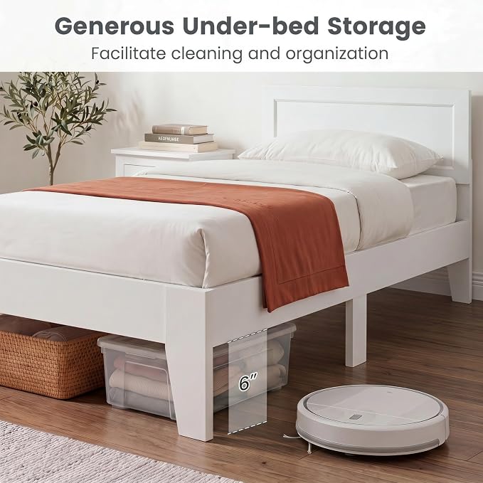 Giantex Twin Size Wooden Bed Frame with Headboard, Wood Slat Support | Modern Platform Bed with Heavy Duty Mattress Foundation, Under-Bed Storage, No Box Spring Needed, Easy Assembly (White)