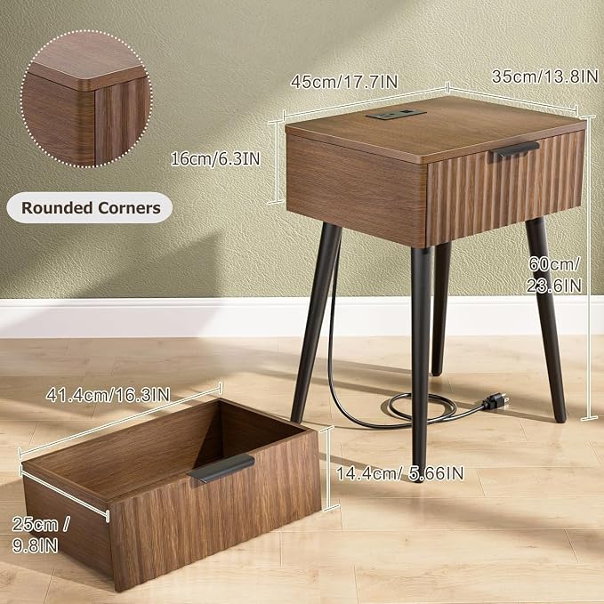 HAIOOU Fluted Mid Century Modern Nightstands Set of 2 with Charging Station, Modern Bedside Tables with Storage Drawer, Solid Wood Legs, End Tables for Bedroom Living Room