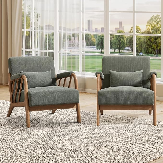 INZOY Accent Chairs Set of 2, Mid Century Modern Accent Chair with Wood Frame, Upholstered Reading Armchair with Corduroy Fabric, Accent Chair for Living Room Bedroom Apartment, Easy Assembly, Green