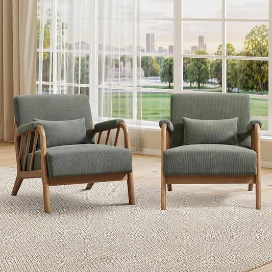 INZOY Accent Chairs Set of 2, Mid Century Modern Accent Chair with Wood Frame, Upholstered Reading Armchair with Corduroy Fabric, Accent Chair for Living Room Bedroom Apartment, Easy Assembly, Green