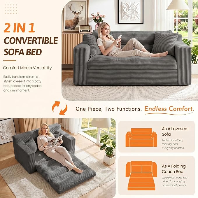 Erament Boneless Loveseat Sofa Couch, 2 in 1 Convertible Sofa Bed with Pillows, Fold Out Bean Bag Chair Boneless Floor Couch for Living Room Bedroom Office Lounge Apartment, No Assembly Needed, Grey