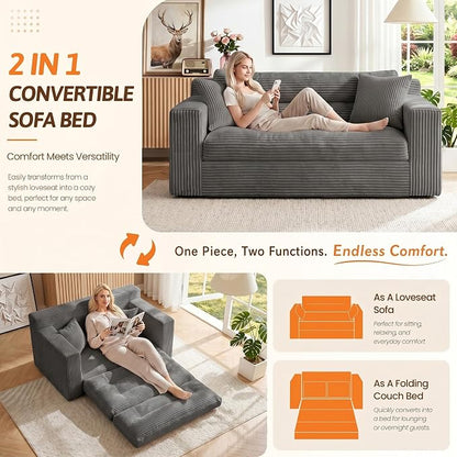 Erament Boneless Loveseat Sofa Couch, 2 in 1 Convertible Sofa Bed with Pillows, Fold Out Bean Bag Chair Boneless Floor Couch for Living Room Bedroom Office Lounge Apartment, No Assembly Needed, Grey