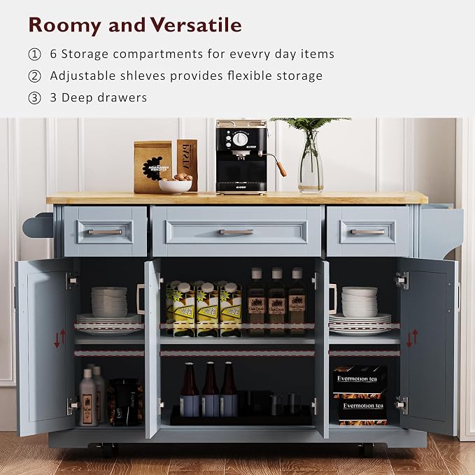 Large Kitchen Island with Rubber Wood Drop Leaf, Rolling Kitchen Cart with Ample Storage on Wheels with Doors and Drawers, Embossed Texture for Dining Room (54Inch, Grey, Silver Handle)