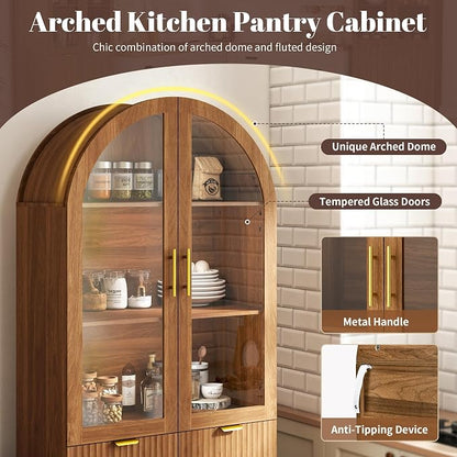 Pamapic 71" Tall Arched Cabinet, Fluted Kitchen Pantry with Glass Doors & Adjustable Shelves, Arch Storage Cabinet, Wooden Pantry for Dining Room, Living Room (Walnut)