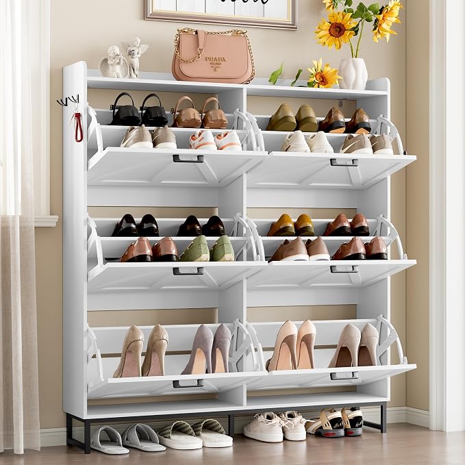 BORNOON Shoe Cabinet with 6 Flip Drawers Narrow Shoe Storage Cabinet Organizer Wooden Freestanding Shoe Rack Hidden Slim Shoes Storage Cabinet for Entryway, Hallway, Living Room, Bedroom