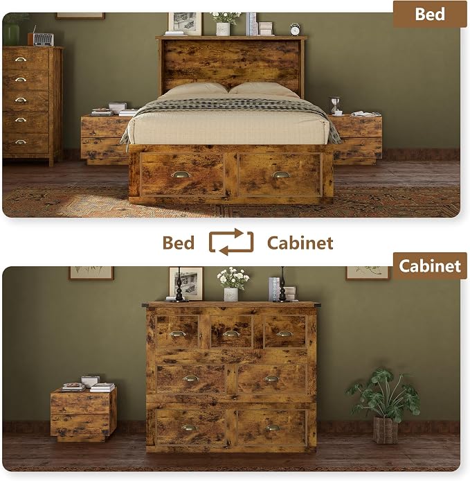 AMERLIFE Twin Size Murphy Bed, Farmhouse Wooden Cabinet with Charging Station and Storage Drawer for Bedroom/Office/Guest Room, Rustic Brown