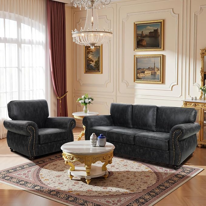 Couchus Living Room Furniture Sets,Sofa Sets and Couch Sets for Living Room,Mid-Century Vintage Sofa Couches with Rivet Design (Grey, Single+3 Seater)