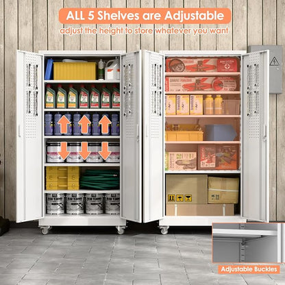 Aobabo 71" White Metal Storage Cabinet with Wheels and Pegboard | 16"D x 32"W x 71"H steel cabinet; lockable doors, 5 adjustable shelves, and wheels for garage, office, pantry.