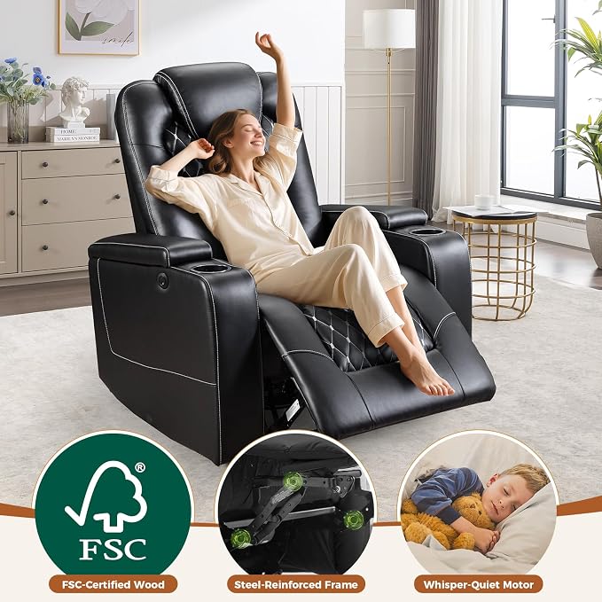 ANJ Power Recliner Chair Set of 7, Electric Soft Faux Leather Reclining Home Theater Seating - USB Ports, Cup Holders, Hidden Arm Storage Movie & Media Room Chairs (Black)
