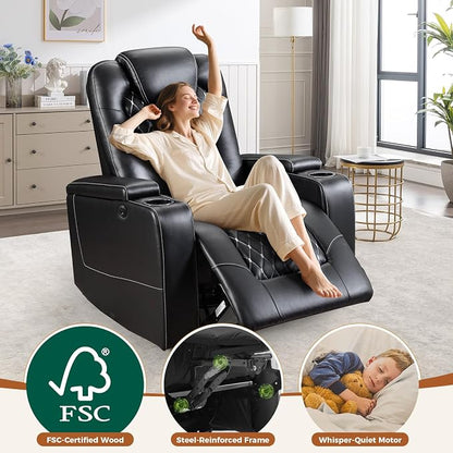 ANJ Power Recliner Chair Set of 8, Electric Soft Faux Leather Reclining Home Theater Seating - USB Ports, Cup Holders, Hidden Arm Storage Movie & Media Room Chairs (Black)