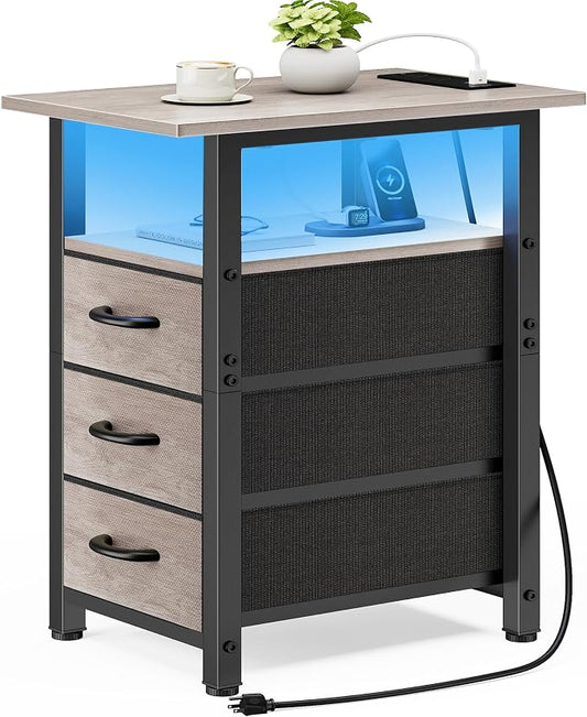 Vagusicc Nightstand with Charging Station and LED Lights, Narrow End Table, LED Night Stand with 3 Fabric Drawers for Bedroom, Small Side Table for Small Spaces, Greige