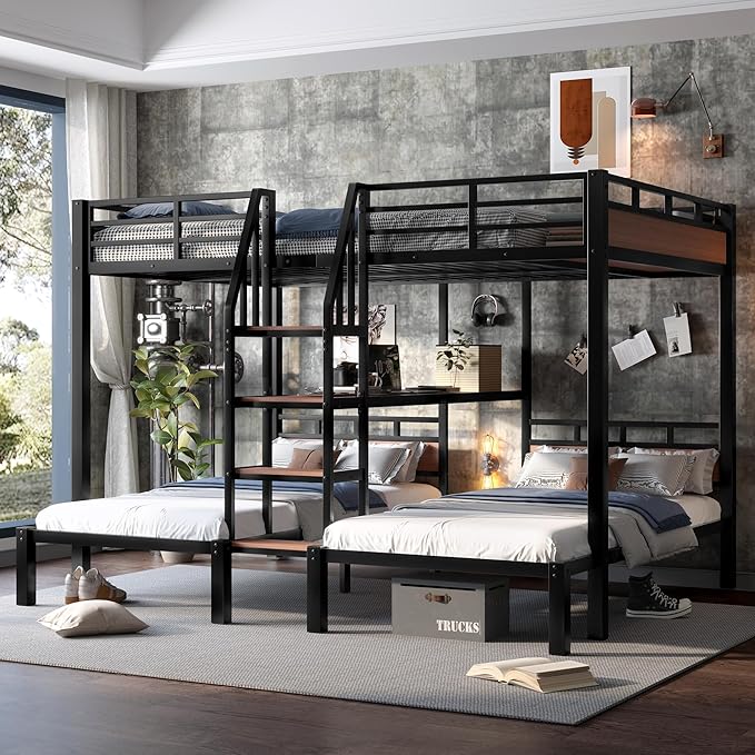 Queen Over Twin Over Twin Metal Bunk Bed, Triple Metal Bunk Bed with Storage Shelves and Wide Storage Stairs for Kids & Adults (Black, Queen Over Twin Over Twin)