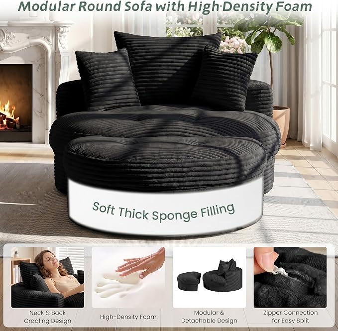 Oversized Round Chaise Lounge Chair, Deep Seat Cloud Boneless Floor Sofa Couch, Upholstered Corduroy Sleeper with 3 Pillows & Optional Ottoman, No Assembly Modern Lazy Floor Lounger for Living Room