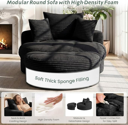 Oversized Round Chaise Lounge Chair, Deep Seat Cloud Boneless Floor Sofa Couch, Upholstered Corduroy Sleeper with 3 Pillows & Optional Ottoman, No Assembly Modern Lazy Floor Lounger for Living Room