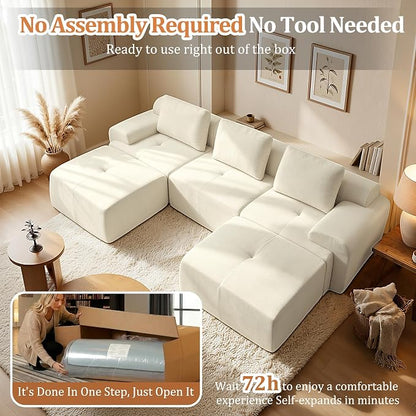 122" U Shaped Oversized Boneless Couch, Comfort Cloud Sectional Couches for Living Room, Modular Sofa High Back & Extra Deep Seat, No Assembly, Chenille(Warm White, 122 inch-U Shaped（3+2）)