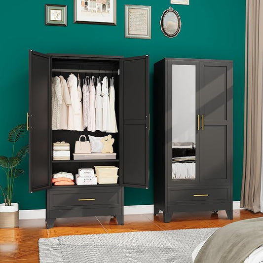 erosoei 71" H Metal Armoire Wardrobe Closet with Mirror,Household Steel Wardrobe Cabinet with Drawers,Clothing Storage Armoire Cabinet with Adjustable Shelves and Hanging Rod for Bedroom（Black）