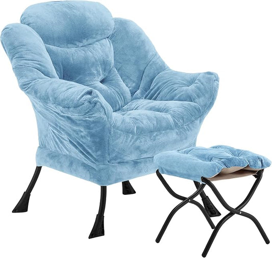 Youtanic Lazy Chair with Folding Ottoman, Accent Chair Plush Upholstered with Metal Structure and Non-Slip Pads, Sofa Armchair with Footrest and Side Storage Bag for Dorm, Room, Office, Blue
