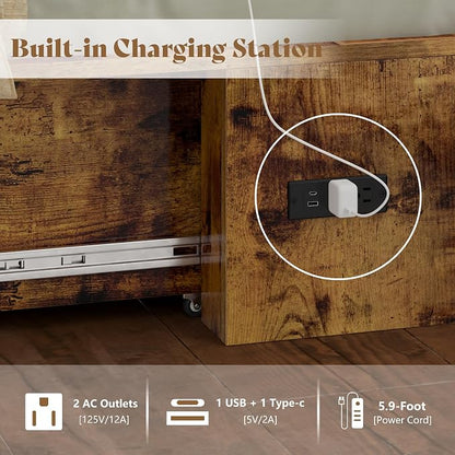 AMERLIFE Twin Size Murphy Bed, Farmhouse Wooden Cabinet with Charging Station and Storage Drawer for Bedroom/Office/Guest Room, Rustic Brown