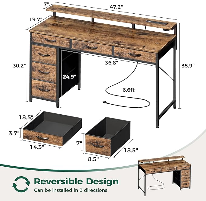 Huuger Gaming Desk with 6 Drawers, Computer Desk with LED Lights Power Outlets and Type-C, 47 Inch Office Desk with Storage, Monitor Stand, Writing Work Desk for Home Office, Rustic Brown,1CD101F