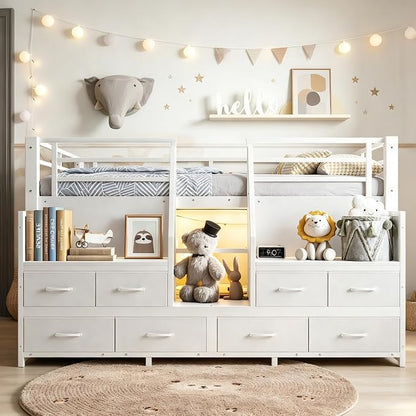 Bellemave Low Loft Bed Full Size with Storage Shelves & Fabric Drawers, Metal Full Loft Bed for Kids with LED Lights & Under-Bed Play Area, Low Loft Bed Frame for Bedroom, No Box Spring Needed, White