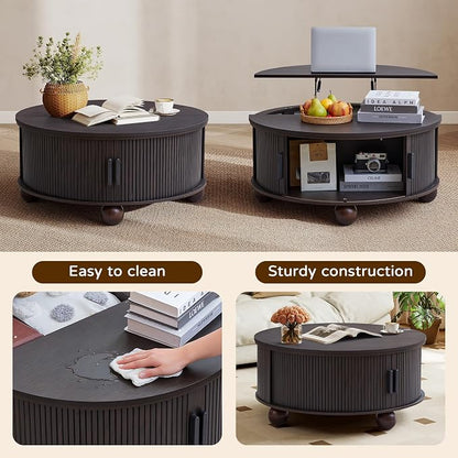 Round Lift Top Coffee Table with Hidden Storage, 33.5'' Mid-Century Fluted Coffee Table with Sliding Tambour Door Solid Wood Legs, Circle Center Table for Living Room, Small Space (Smoked Dark Brown)