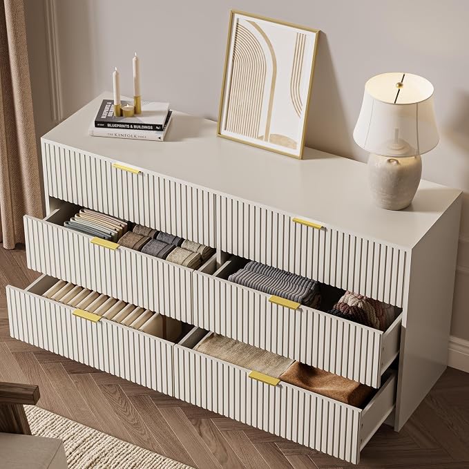 MAISONARIA 3-Piece Dresser Bedroom Set, 6 Drawer Dresser & 2 Drawer Nightstands with Gold Handles, Fluted Wood Chest of Drawers for Bedroom, Living Room, Entryway, Beige