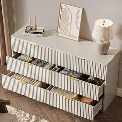 MAISONARIA 3-Piece Dresser Bedroom Set, 6 Drawer Dresser & 2 Drawer Nightstands with Gold Handles, Fluted Wood Chest of Drawers for Bedroom, Living Room, Entryway, Beige