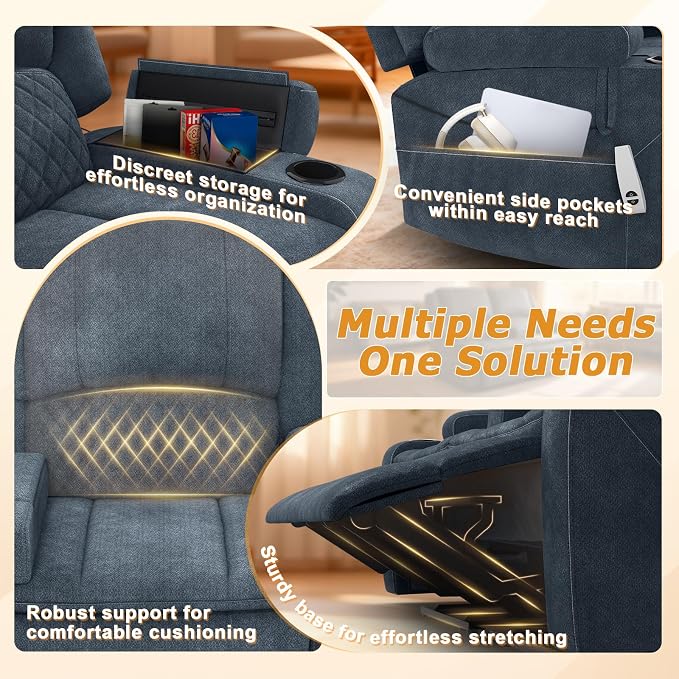 Loveseat Recliner Sofa, Power Reclining Loveseat Sofa RV Couch with Removable Armrest and Remote Control, Wall Hugger Home Theater Seating with 2-Tier Cushions, Storage & USB Ports, Blue