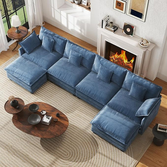 WorthFurni Oversized Modular Sectional Sofa,146” U Shaped Cloud Couch Set, 4-Seater Comfy Chenille Couches with 2 Movable Ottomans, DIY Combination for Living Room (Blue)
