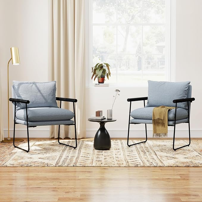 Furnilivng Large Sling Accent Chair, Comfortable Boucle Fabric Arm Chair, Upholstered Cozy Reading Chair for Living Room, Bedroom, Dressing Room, Home Office (Blue, Set of 2)