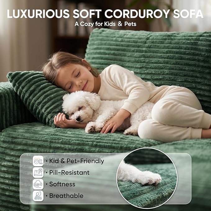 Boneless Couch, 127" Sofas for Living Room, U Shaped Couch with Chaise | Sectional Sofa, Cloud Couch Sectional with Cup Holders and Storage, Cloud Sofa with Deep Seat, Green, Corduroy, No Assembly