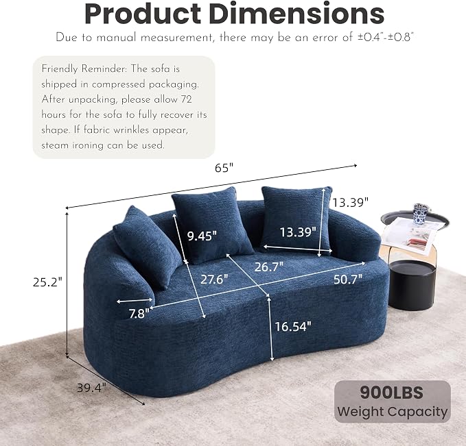 65" Curved Loveseat,Deep Seat Cloud Floor Couch with 3 Backrest,Cozy Chenille Fabric,Small Loveseat for Small Spaces,Bedroom,Office,Apartment (Blue, 65 Inch)