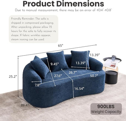 65" Curved Loveseat,Deep Seat Cloud Floor Couch with 3 Backrest,Cozy Chenille Fabric,Small Loveseat for Small Spaces,Bedroom,Office,Apartment (Blue, 65 Inch)