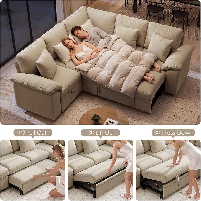 Ihanherry 86" Modular Sectional Sofa with Pull Out Bed, 5-Seater L Shaped Sectional Sleeper Couch with Storage, Chenille Convertible Couches for Living Room, Apartment (Sand)
